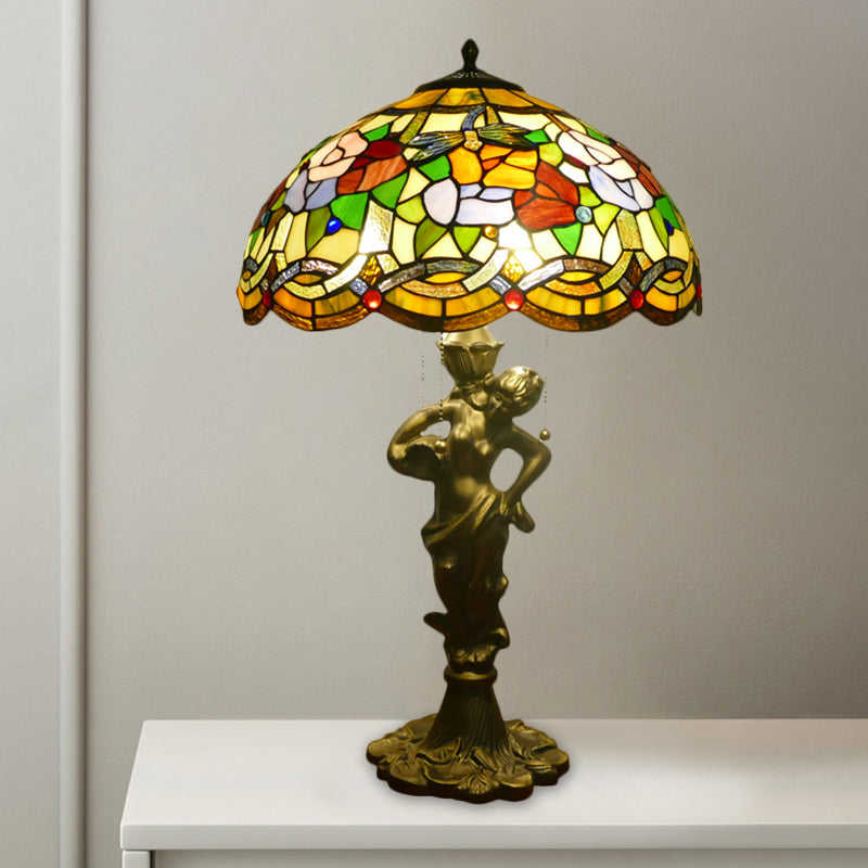 3 Heads Bell/Scalloped Night Lighting Baroque Gold Stained Glass Flower Patterned Task Lamp with Resin Naked Woman Gold B Clearhalo 'Lamps' 'Table Lamps' Lighting' 1710993