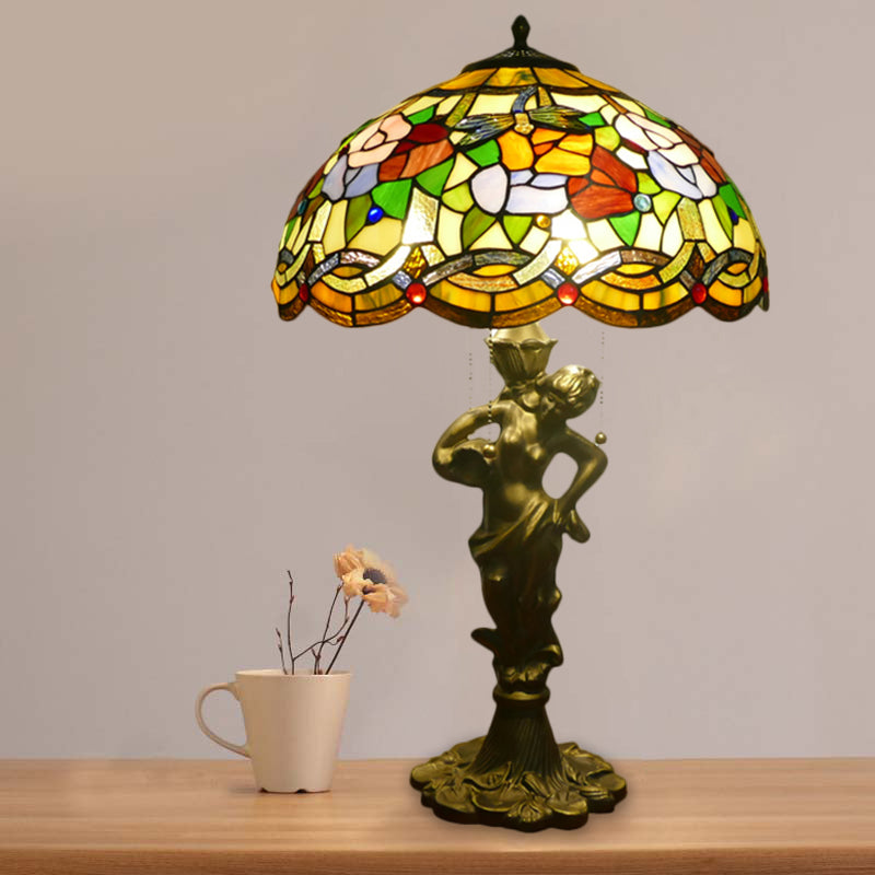 3 Heads Bell/Scalloped Night Lighting Baroque Gold Stained Glass Flower Patterned Task Lamp with Resin Naked Woman Clearhalo 'Lamps' 'Table Lamps' Lighting' 1710994
