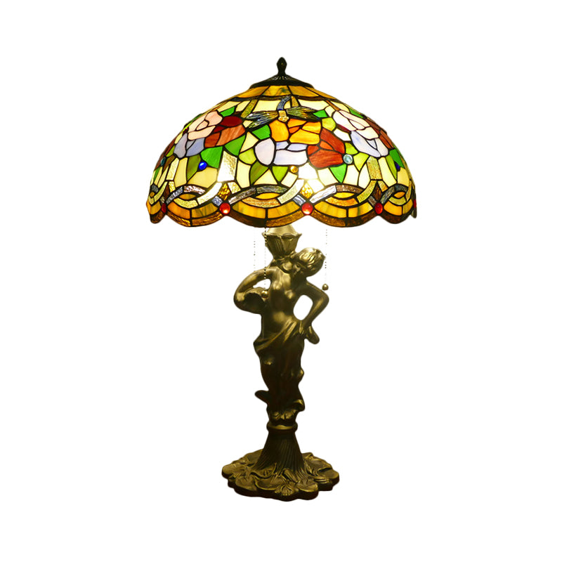 3 Heads Bell/Scalloped Night Lighting Baroque Gold Stained Glass Flower Patterned Task Lamp with Resin Naked Woman Clearhalo 'Lamps' 'Table Lamps' Lighting' 1710995