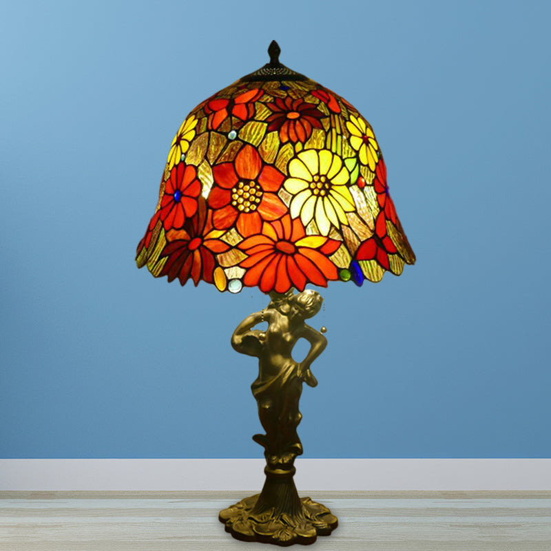 3 Heads Bell/Scalloped Night Lighting Baroque Gold Stained Glass Flower Patterned Task Lamp with Resin Naked Woman Gold A Clearhalo 'Lamps' 'Table Lamps' Lighting' 1710997