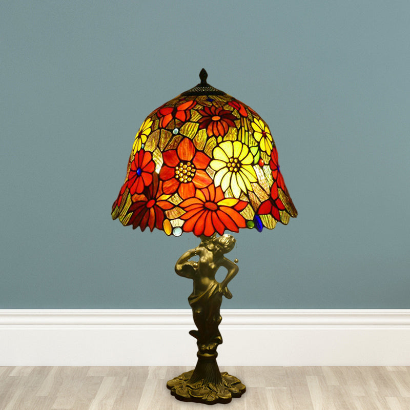 3 Heads Bell/Scalloped Night Lighting Baroque Gold Stained Glass Flower Patterned Task Lamp with Resin Naked Woman Clearhalo 'Lamps' 'Table Lamps' Lighting' 1710998
