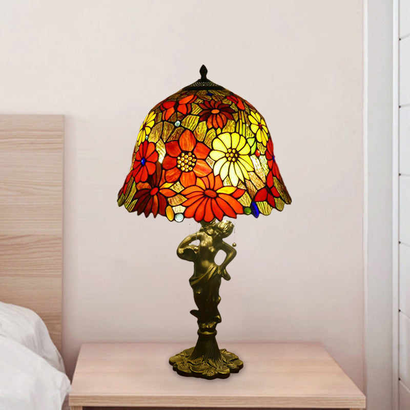 3 Heads Bell/Scalloped Night Lighting Baroque Gold Stained Glass Flower Patterned Task Lamp with Resin Naked Woman Clearhalo 'Lamps' 'Table Lamps' Lighting' 1710999