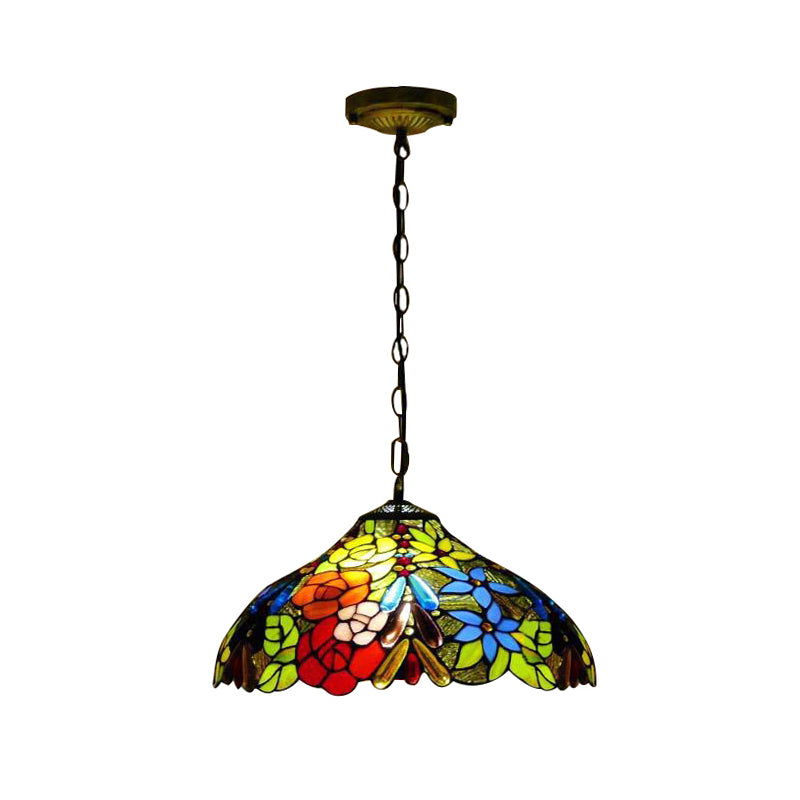 3 Bulbs Bloom Ceiling Lamp Victorian Red/Yellow/Red-Yellow-Blue-Green Stained Glass Ceiling Pendant Light with Adjustable Metal Chain Clearhalo 'Ceiling Lights' 'Chandeliers' 'Close To Ceiling Lights' 'Glass shade' 'Glass' 'Industrial' 'Middle Century Chandeliers' 'Tiffany Chandeliers' 'Tiffany close to ceiling' 'Tiffany' Lighting' 171100