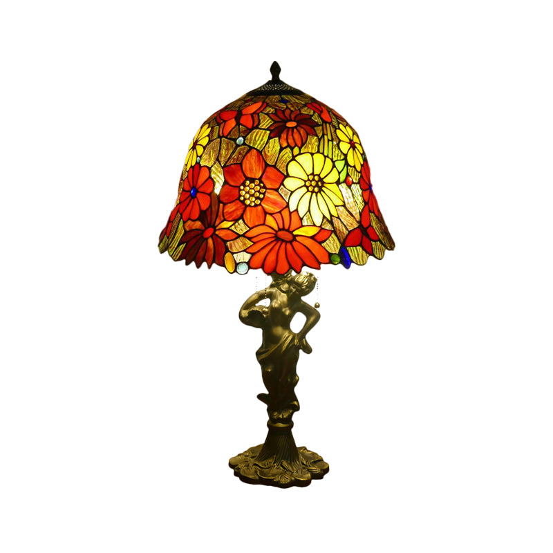 3 Heads Bell/Scalloped Night Lighting Baroque Gold Stained Glass Flower Patterned Task Lamp with Resin Naked Woman Clearhalo 'Lamps' 'Table Lamps' Lighting' 1711000
