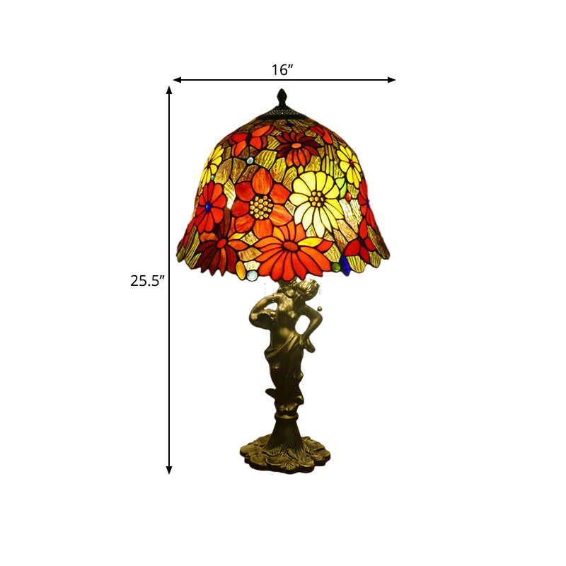 3 Heads Bell/Scalloped Night Lighting Baroque Gold Stained Glass Flower Patterned Task Lamp with Resin Naked Woman Clearhalo 'Lamps' 'Table Lamps' Lighting' 1711001