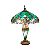 Green 3 Lights Task Lighting Mediterranean Hand Cut Glass Scalloped Dome Night Lamp with Teardrop Base Clearhalo 'Lamps' 'Table Lamps' Lighting' 1711004