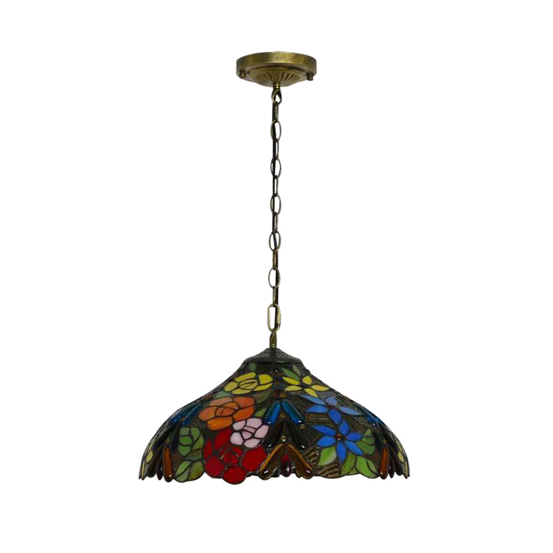 3 Bulbs Bloom Ceiling Lamp Victorian Red/Yellow/Red-Yellow-Blue-Green Stained Glass Ceiling Pendant Light with Adjustable Metal Chain Clearhalo 'Ceiling Lights' 'Chandeliers' 'Close To Ceiling Lights' 'Glass shade' 'Glass' 'Industrial' 'Middle Century Chandeliers' 'Tiffany Chandeliers' 'Tiffany close to ceiling' 'Tiffany' Lighting' 171101
