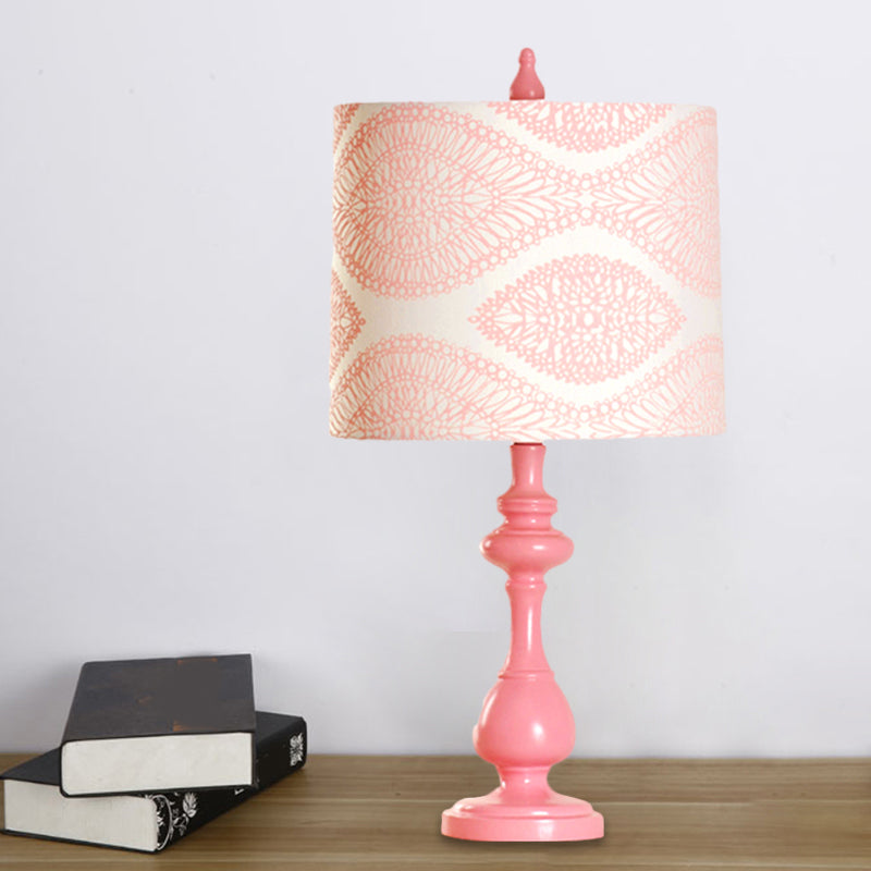 Macaron Barrel Night Lamp Fabric 1 Light Bedroom Task Lighting with Column Base in Pink Pink Clearhalo 'Lamps' 'Table Lamps' Lighting' 1711018