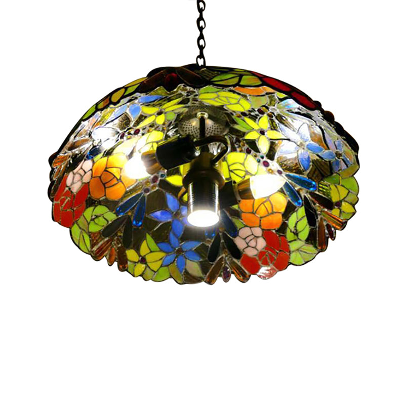 3 Bulbs Bloom Ceiling Lamp Victorian Red/Yellow/Red-Yellow-Blue-Green Stained Glass Ceiling Pendant Light with Adjustable Metal Chain Clearhalo 'Ceiling Lights' 'Chandeliers' 'Close To Ceiling Lights' 'Glass shade' 'Glass' 'Industrial' 'Middle Century Chandeliers' 'Tiffany Chandeliers' 'Tiffany close to ceiling' 'Tiffany' Lighting' 171102