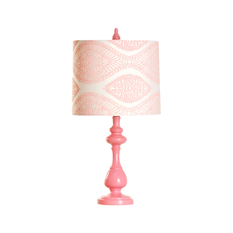 Macaron Barrel Night Lamp Fabric 1 Light Bedroom Task Lighting with Column Base in Pink Clearhalo 'Lamps' 'Table Lamps' Lighting' 1711020