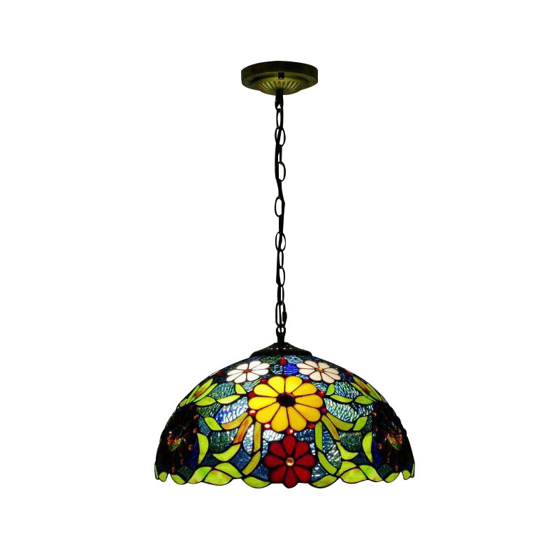 3 Bulbs Bloom Ceiling Lamp Victorian Red/Yellow/Red-Yellow-Blue-Green Stained Glass Ceiling Pendant Light with Adjustable Metal Chain Clearhalo 'Ceiling Lights' 'Chandeliers' 'Close To Ceiling Lights' 'Glass shade' 'Glass' 'Industrial' 'Middle Century Chandeliers' 'Tiffany Chandeliers' 'Tiffany close to ceiling' 'Tiffany' Lighting' 171104