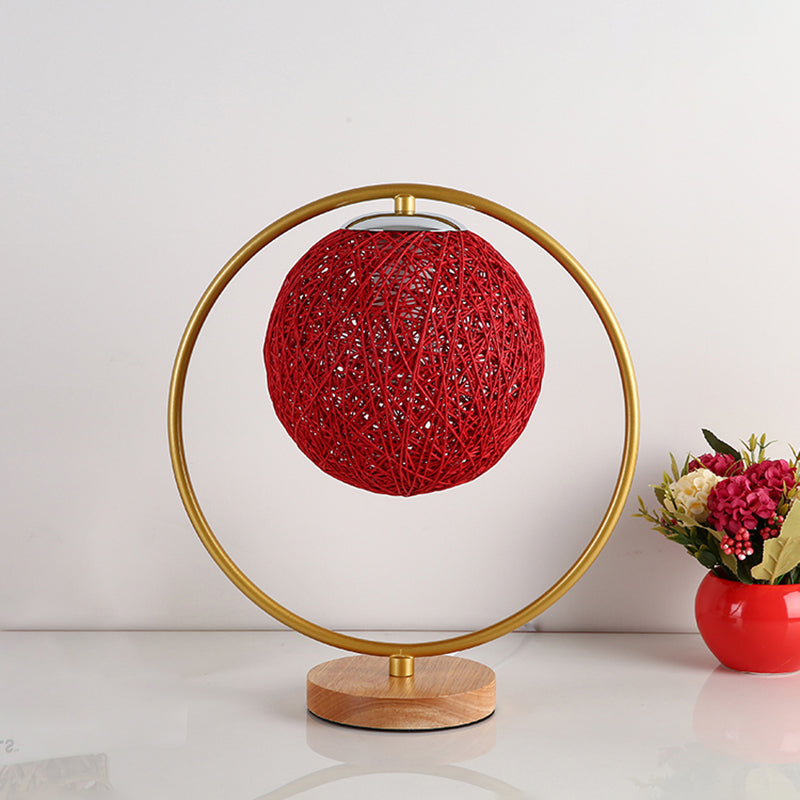Beige/Red Sphere Desk Lamp Minimalism Single Head Fabric Night Lighting with Round Frame Design Red Clearhalo 'Lamps' 'Table Lamps' Lighting' 1711056