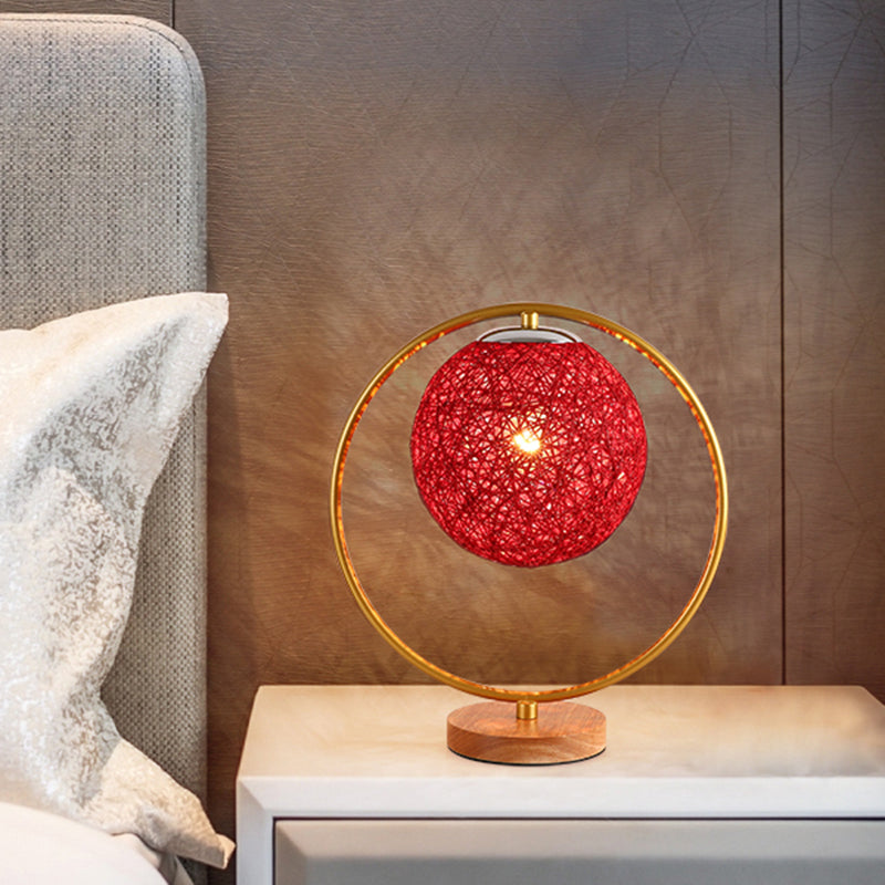 Beige/Red Sphere Desk Lamp Minimalism Single Head Fabric Night Lighting with Round Frame Design Clearhalo 'Lamps' 'Table Lamps' Lighting' 1711057