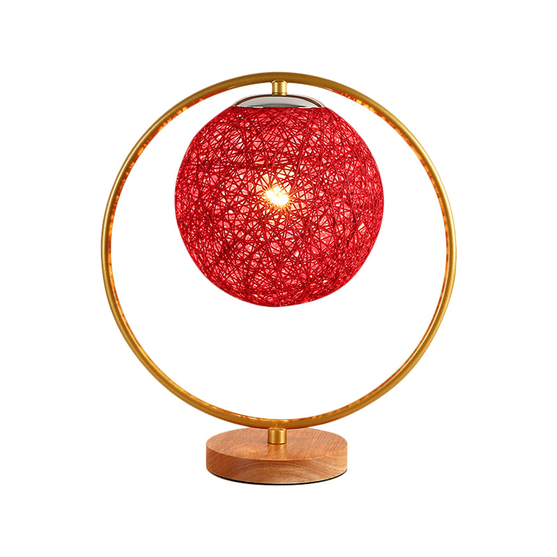 Beige/Red Sphere Desk Lamp Minimalism Single Head Fabric Night Lighting with Round Frame Design Clearhalo 'Lamps' 'Table Lamps' Lighting' 1711058