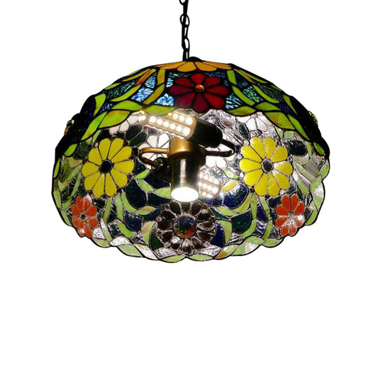 3 Bulbs Bloom Ceiling Lamp Victorian Red/Yellow/Red-Yellow-Blue-Green Stained Glass Ceiling Pendant Light with Adjustable Metal Chain Clearhalo 'Ceiling Lights' 'Chandeliers' 'Close To Ceiling Lights' 'Glass shade' 'Glass' 'Industrial' 'Middle Century Chandeliers' 'Tiffany Chandeliers' 'Tiffany close to ceiling' 'Tiffany' Lighting' 171105