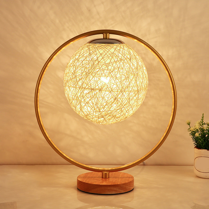 Beige/Red Sphere Desk Lamp Minimalism Single Head Fabric Night Lighting with Round Frame Design Beige Clearhalo 'Lamps' 'Table Lamps' Lighting' 1711060