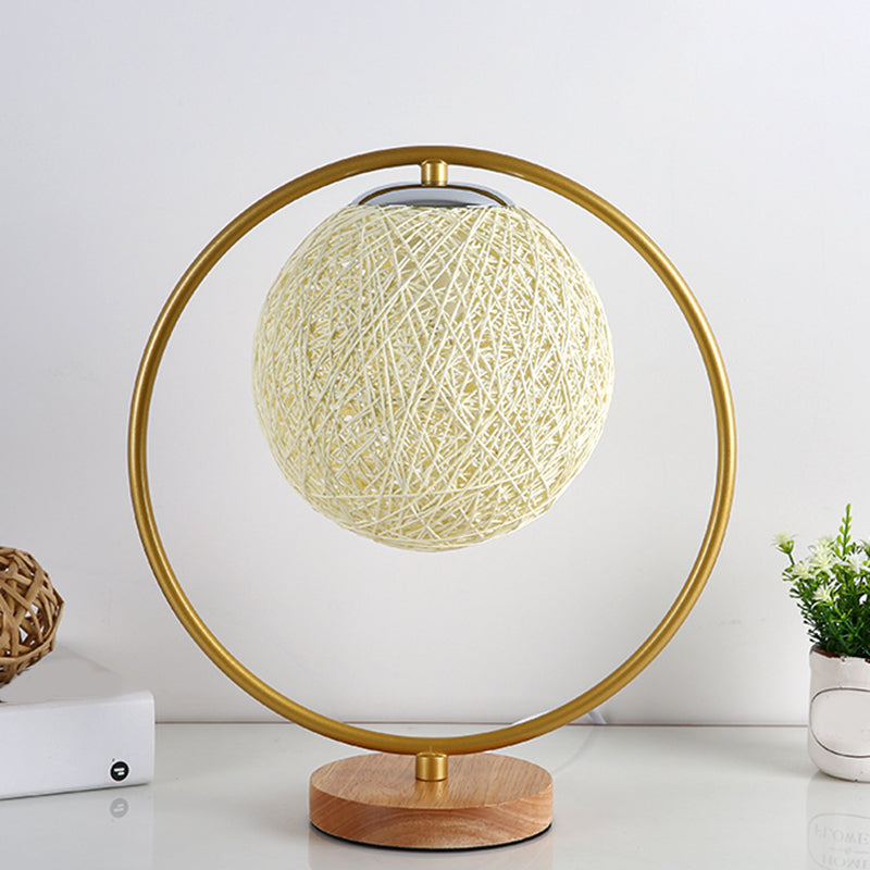 Beige/Red Sphere Desk Lamp Minimalism Single Head Fabric Night Lighting with Round Frame Design Clearhalo 'Lamps' 'Table Lamps' Lighting' 1711062
