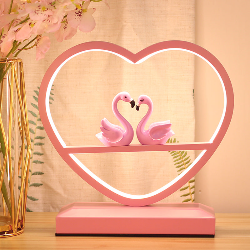 Nordic Loving Heart Night Lamp Metallic Sleeping Room LED Table Light with Swans Deco in Pink Pink Clearhalo 'Lamps' 'Table Lamps' Lighting' 1711079