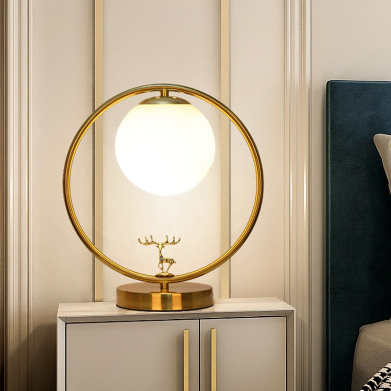 Ball Bedside Nightstand Light Opal Glass 1-Bulb Retro Style Desk Lamp with Metal Deer Deco in Gold Gold Clearhalo 'Lamps' 'Table Lamps' Lighting' 1711083