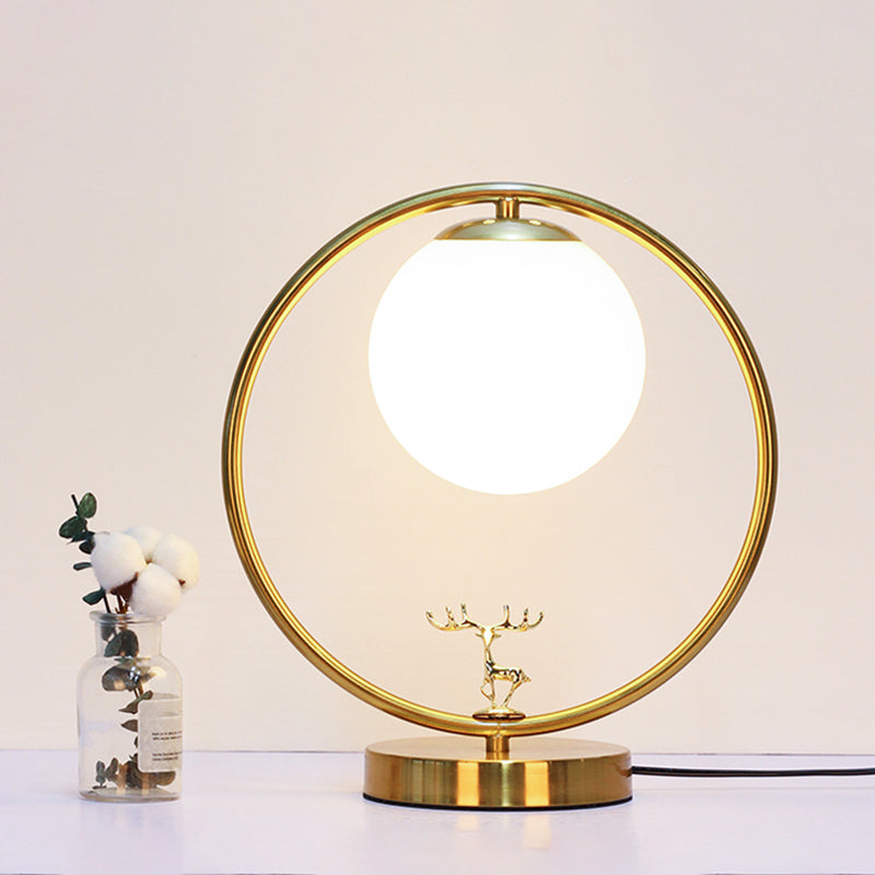 Ball Bedside Nightstand Light Opal Glass 1-Bulb Retro Style Desk Lamp with Metal Deer Deco in Gold Clearhalo 'Lamps' 'Table Lamps' Lighting' 1711084