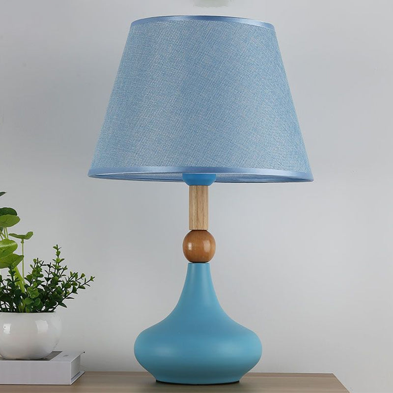 Barrel Task Lighting Macaron Fabric 1 Head Grey/Pink/Blue Night Table Light with Metallic Vase Base Clearhalo 'Lamps' 'Table Lamps' Lighting' 1711093