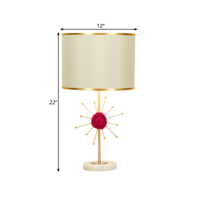 Fabric Drum Night Lighting Contemporary 1 Bulb White Table Light with Green/Red Agate Deco Clearhalo 'Lamps' 'Table Lamps' Lighting' 1711130