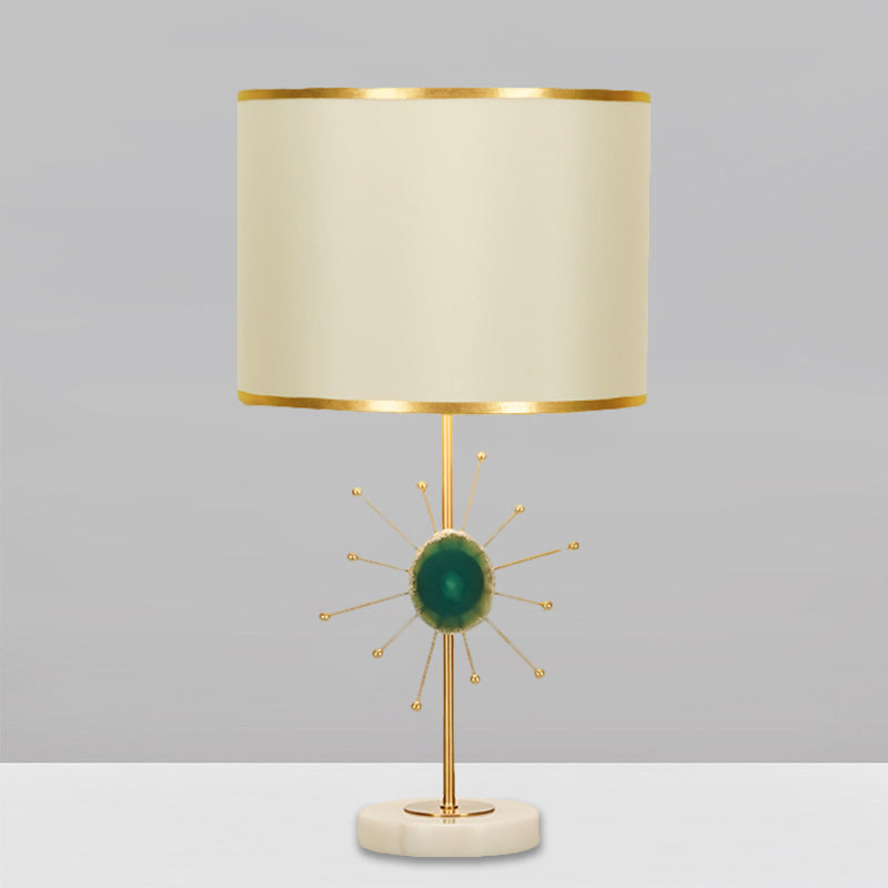Fabric Drum Night Lighting Contemporary 1 Bulb White Table Light with Green/Red Agate Deco Clearhalo 'Lamps' 'Table Lamps' Lighting' 1711133