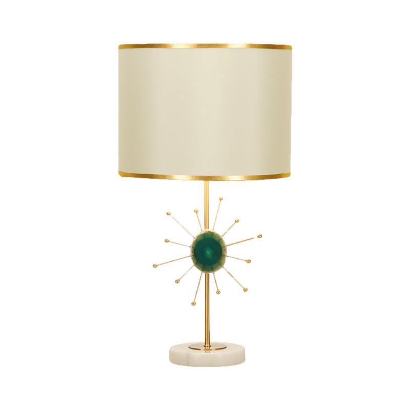 Fabric Drum Night Lighting Contemporary 1 Bulb White Table Light with Green/Red Agate Deco Clearhalo 'Lamps' 'Table Lamps' Lighting' 1711134