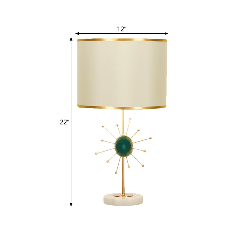 Fabric Drum Night Lighting Contemporary 1 Bulb White Table Light with Green/Red Agate Deco Clearhalo 'Lamps' 'Table Lamps' Lighting' 1711135