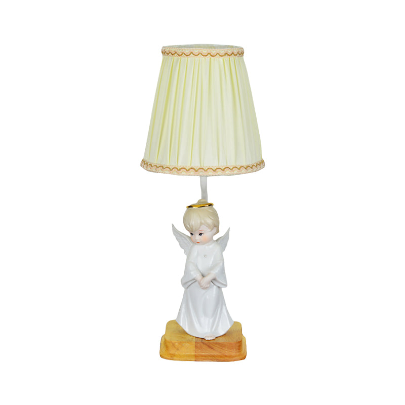 Yellow Cone Nightstand Lamp Nordic 1 Light Pleated Fabric Shade Desk Lighting with Angel Deco Clearhalo 'Lamps' 'Table Lamps' Lighting' 1711147