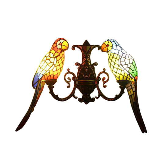 2 Heads Parrots Wall Sconce Light Rustic Lodge Stained Glass Wall Lighting for Living Room Clearhalo 'Industrial' 'Middle century wall lights' 'Tiffany wall lights' 'Tiffany' 'Wall Lamps & Sconces' 'Wall Lights' Lighting' 171119