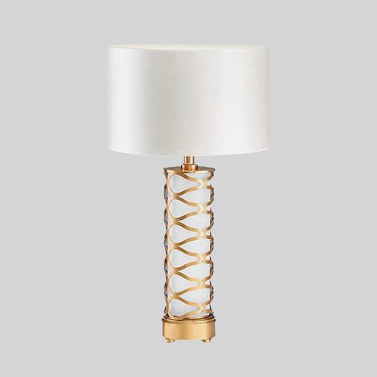 Drum Bedroom Night Table Lamp Classic Fabric 1-Head White Desk Light with Cylinder Base Clearhalo 'Lamps' 'Table Lamps' Lighting' 1711211