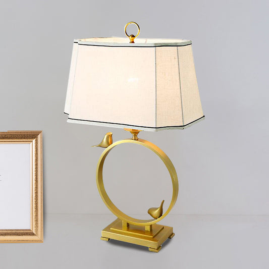 Fabric Brass Desk Lamp Paneled Cuboid 1 Light Rustic Style Night Lighting with Bird Deco Brass Clearhalo 'Lamps' 'Table Lamps' Lighting' 1711238