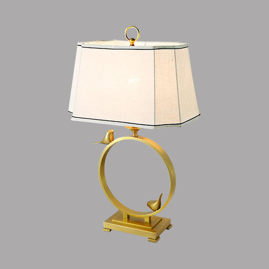Fabric Brass Desk Lamp Paneled Cuboid 1 Light Rustic Style Night Lighting with Bird Deco Clearhalo 'Lamps' 'Table Lamps' Lighting' 1711240