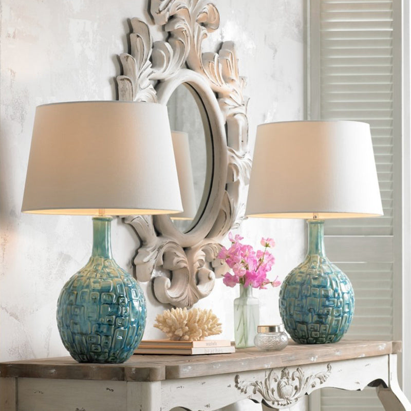 Rural Conical Nightstand Lighting 1-Bulb Fabric Shade Table Lamp with Vase Base in Blue Clearhalo 'Lamps' 'Table Lamps' Lighting' 1711243