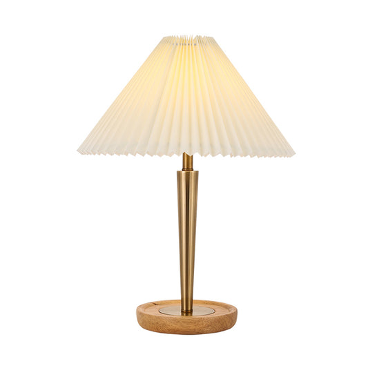 1-Head Night Table Lamp Countryside Conic Pleated Fabric Task Lighting with Wood Round Pedestal in Gold Clearhalo 'Lamps' 'Table Lamps' Lighting' 1711248