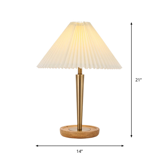 1-Head Night Table Lamp Countryside Conic Pleated Fabric Task Lighting with Wood Round Pedestal in Gold Clearhalo 'Lamps' 'Table Lamps' Lighting' 1711249