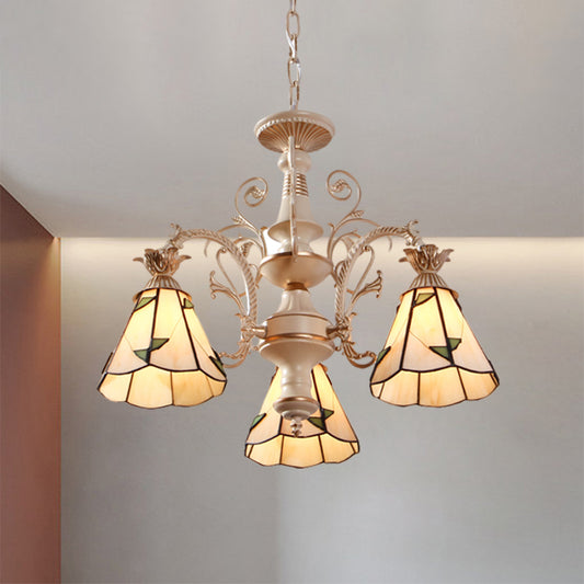 3/5-Light Conic Pendant Chandelier Mission White Stained Glass Leaf Patterned Ceiling Hang Fixture 3 White Clearhalo 'Ceiling Lights' 'Chandeliers' 'Industrial' 'Middle Century Chandeliers' 'Tiffany Chandeliers' 'Tiffany close to ceiling' 'Tiffany' Lighting' 1711266