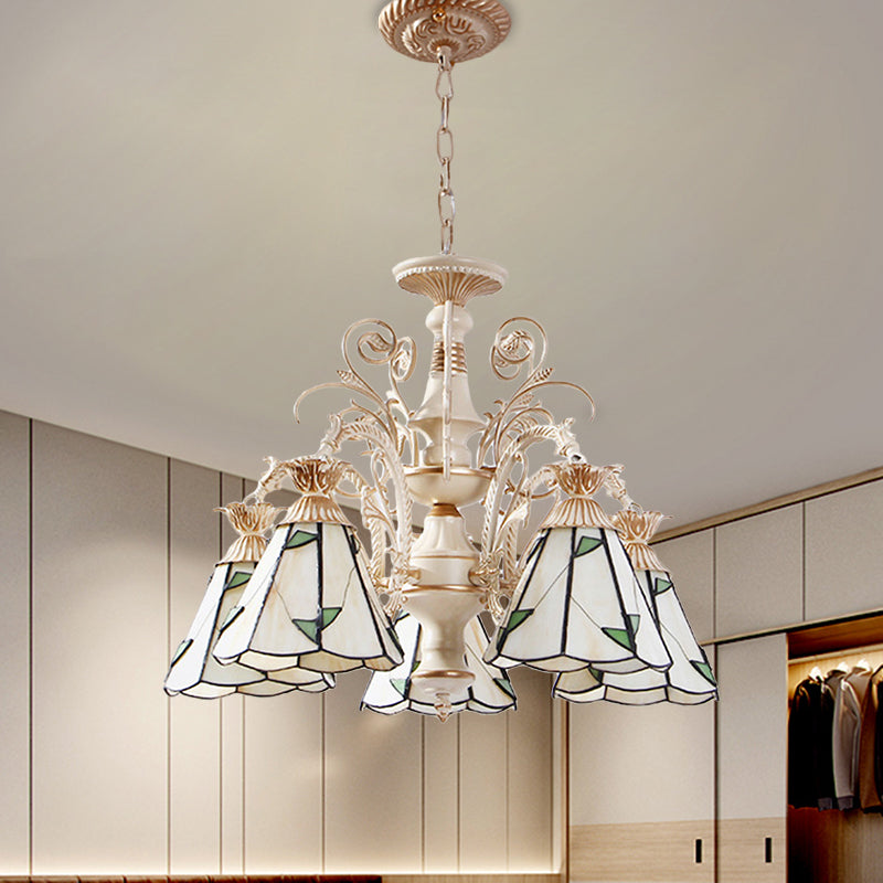 3/5-Light Conic Pendant Chandelier Mission White Stained Glass Leaf Patterned Ceiling Hang Fixture Clearhalo 'Ceiling Lights' 'Chandeliers' 'Industrial' 'Middle Century Chandeliers' 'Tiffany Chandeliers' 'Tiffany close to ceiling' 'Tiffany' Lighting' 1711271