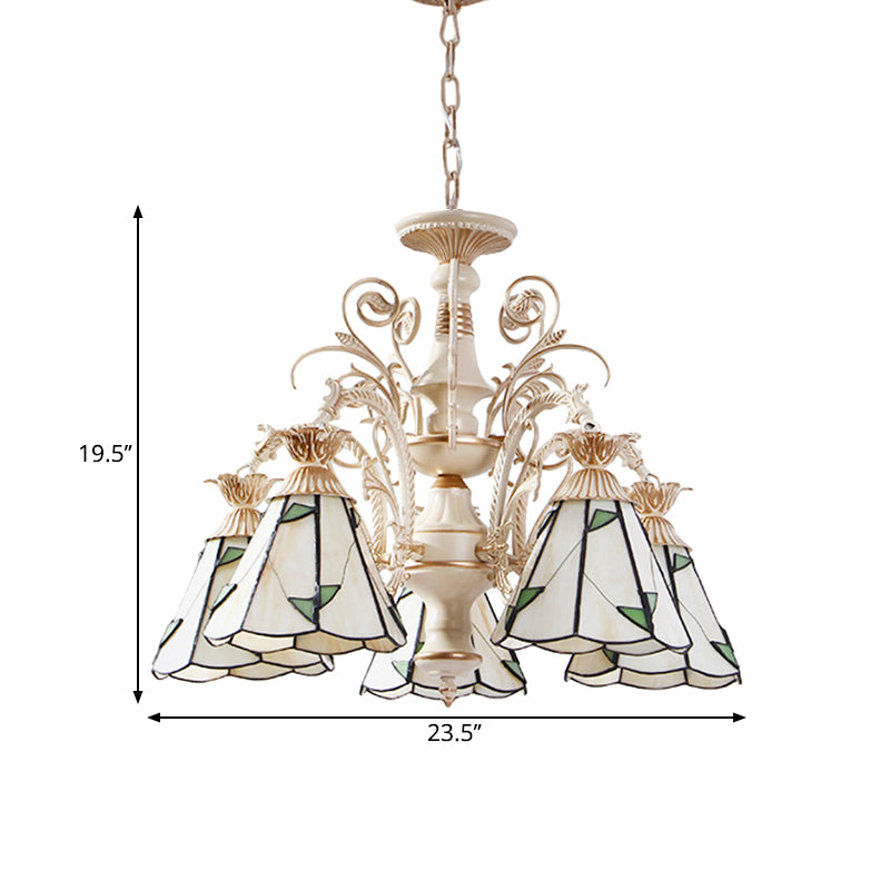 3/5-Light Conic Pendant Chandelier Mission White Stained Glass Leaf Patterned Ceiling Hang Fixture Clearhalo 'Ceiling Lights' 'Chandeliers' 'Industrial' 'Middle Century Chandeliers' 'Tiffany Chandeliers' 'Tiffany close to ceiling' 'Tiffany' Lighting' 1711274