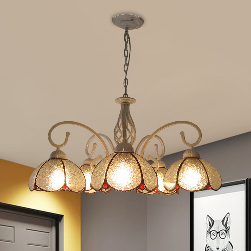 5 Bulbs Ceiling Chandelier Mediterranean Flower Frosted Glass Pendant Lighting Fixture in White with Swirled Arm White Clearhalo 'Ceiling Lights' 'Chandeliers' 'Industrial' 'Middle Century Chandeliers' 'Tiffany Chandeliers' 'Tiffany close to ceiling' 'Tiffany' Lighting' 1711275