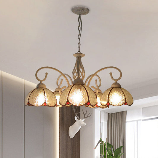 5 Bulbs Ceiling Chandelier Mediterranean Flower Frosted Glass Pendant Lighting Fixture in White with Swirled Arm Clearhalo 'Ceiling Lights' 'Chandeliers' 'Industrial' 'Middle Century Chandeliers' 'Tiffany Chandeliers' 'Tiffany close to ceiling' 'Tiffany' Lighting' 1711276