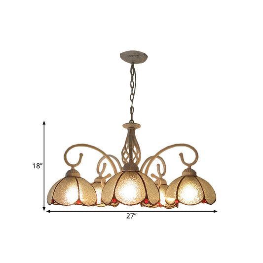 5 Bulbs Ceiling Chandelier Mediterranean Flower Frosted Glass Pendant Lighting Fixture in White with Swirled Arm Clearhalo 'Ceiling Lights' 'Chandeliers' 'Industrial' 'Middle Century Chandeliers' 'Tiffany Chandeliers' 'Tiffany close to ceiling' 'Tiffany' Lighting' 1711278