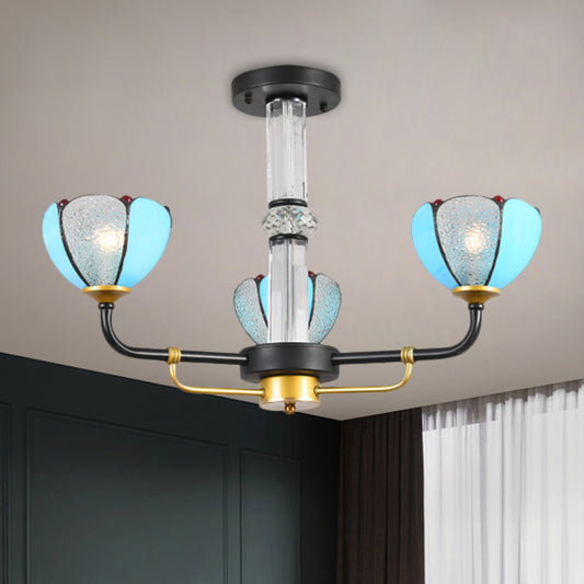 Blue 3/6 Lights Hanging Chandelier Baroque Cut Glass Floral Pendant Ceiling Light for Living Room 3 Blue Clearhalo 'Ceiling Lights' 'Chandeliers' 'Industrial' 'Middle Century Chandeliers' 'Tiffany Chandeliers' 'Tiffany close to ceiling' 'Tiffany' Lighting' 1711279