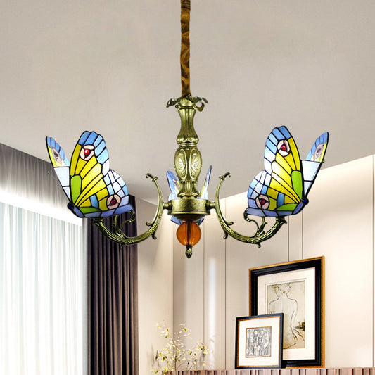 Butterfly Stained Glass Chandelier Lamp Tiffany 3/5 Bulbs Orange/Yellow and Green Suspension Light Fixture for Bedroom 3 Yellow-Green Clearhalo 'Ceiling Lights' 'Chandeliers' 'Industrial' 'Middle Century Chandeliers' 'Tiffany Chandeliers' 'Tiffany close to ceiling' 'Tiffany' Lighting' 1711288