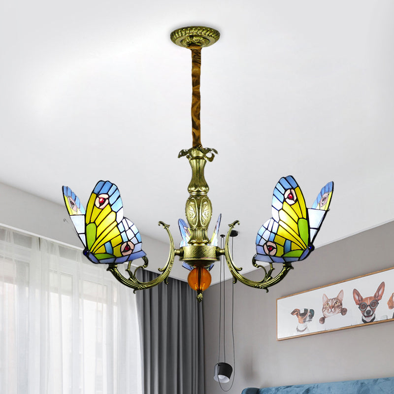 Butterfly Stained Glass Chandelier Lamp Tiffany 3/5 Bulbs Orange/Yellow and Green Suspension Light Fixture for Bedroom Clearhalo 'Ceiling Lights' 'Chandeliers' 'Industrial' 'Middle Century Chandeliers' 'Tiffany Chandeliers' 'Tiffany close to ceiling' 'Tiffany' Lighting' 1711289