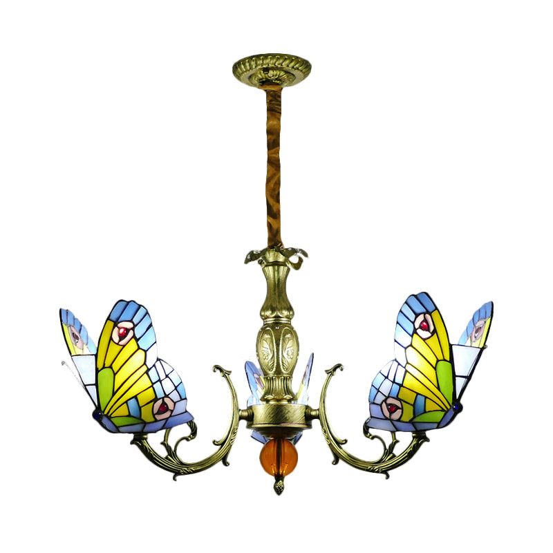 Butterfly Stained Glass Chandelier Lamp Tiffany 3/5 Bulbs Orange/Yellow and Green Suspension Light Fixture for Bedroom Clearhalo 'Ceiling Lights' 'Chandeliers' 'Industrial' 'Middle Century Chandeliers' 'Tiffany Chandeliers' 'Tiffany close to ceiling' 'Tiffany' Lighting' 1711290