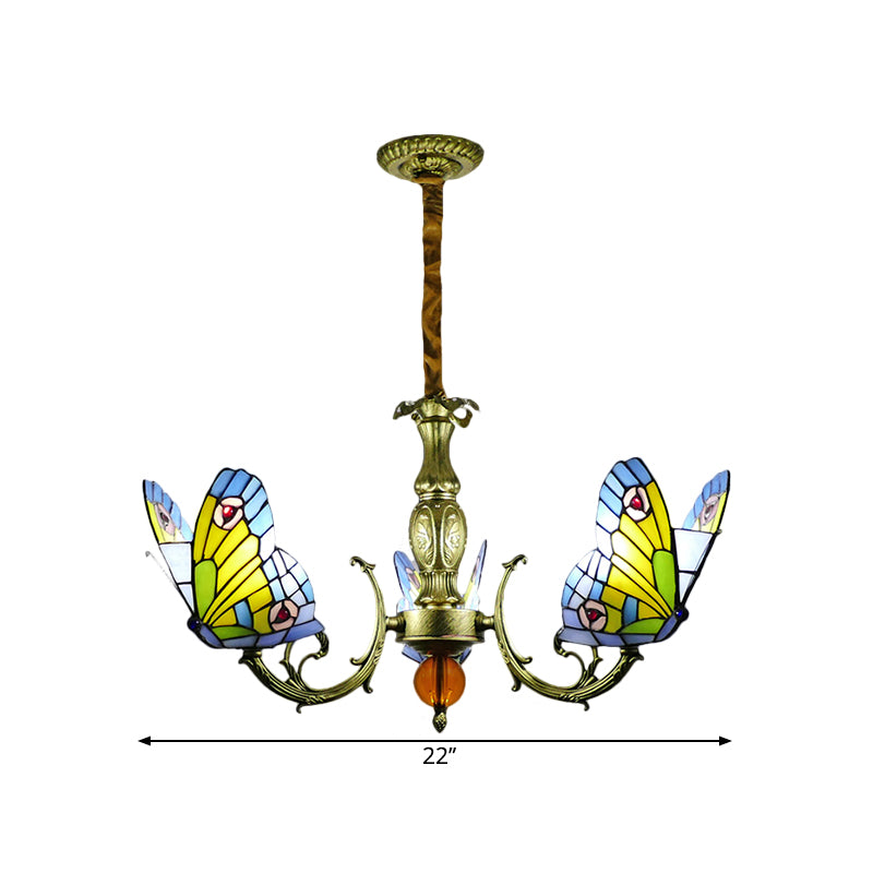Butterfly Stained Glass Chandelier Lamp Tiffany 3/5 Bulbs Orange/Yellow and Green Suspension Light Fixture for Bedroom Clearhalo 'Ceiling Lights' 'Chandeliers' 'Industrial' 'Middle Century Chandeliers' 'Tiffany Chandeliers' 'Tiffany close to ceiling' 'Tiffany' Lighting' 1711291