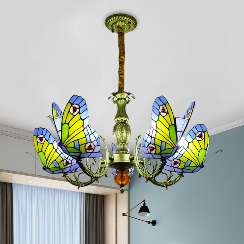 Butterfly Stained Glass Chandelier Lamp Tiffany 3/5 Bulbs Orange/Yellow and Green Suspension Light Fixture for Bedroom 5 Yellow-Green Clearhalo 'Ceiling Lights' 'Chandeliers' 'Industrial' 'Middle Century Chandeliers' 'Tiffany Chandeliers' 'Tiffany close to ceiling' 'Tiffany' Lighting' 1711292