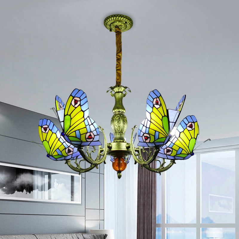 Butterfly Stained Glass Chandelier Lamp Tiffany 3/5 Bulbs Orange/Yellow and Green Suspension Light Fixture for Bedroom Clearhalo 'Ceiling Lights' 'Chandeliers' 'Industrial' 'Middle Century Chandeliers' 'Tiffany Chandeliers' 'Tiffany close to ceiling' 'Tiffany' Lighting' 1711293